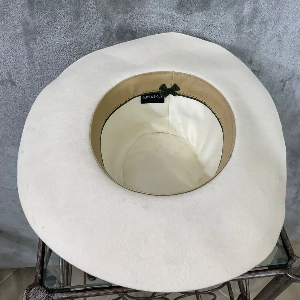 Olive & Pique off white Wool Felt Wide Brim Rancher Hat Tan Band Adjustable OSFM